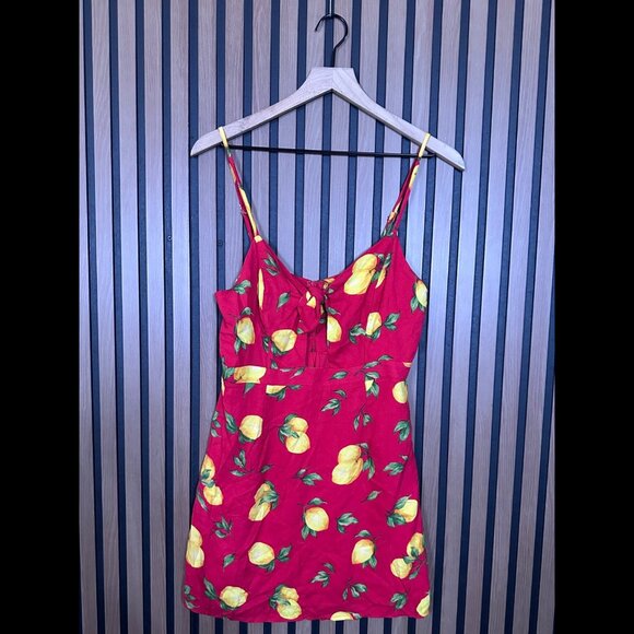 New Wild Honey Mini Dress Medium Red Lemon Print Front Tie Adjustable Strap - Picture 1 of 7